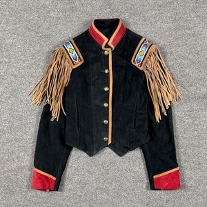 Vintage Western Fringe Suede Cropped Beaded Jacket Stand Collar Womens Small USA